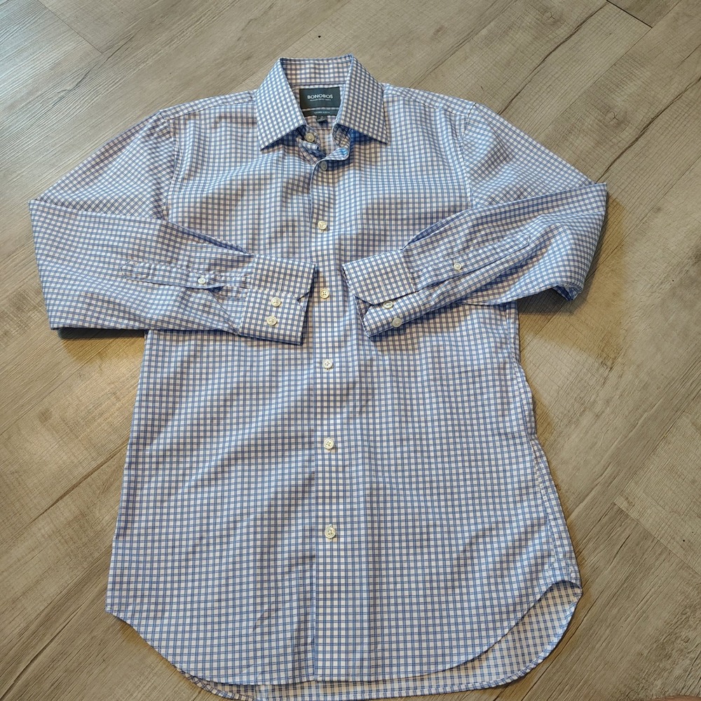 Bonobos Tailored Slim Fit Dress Shirt Blue White Check Premium Swiss Fabric 15 - Picture 3 of 7